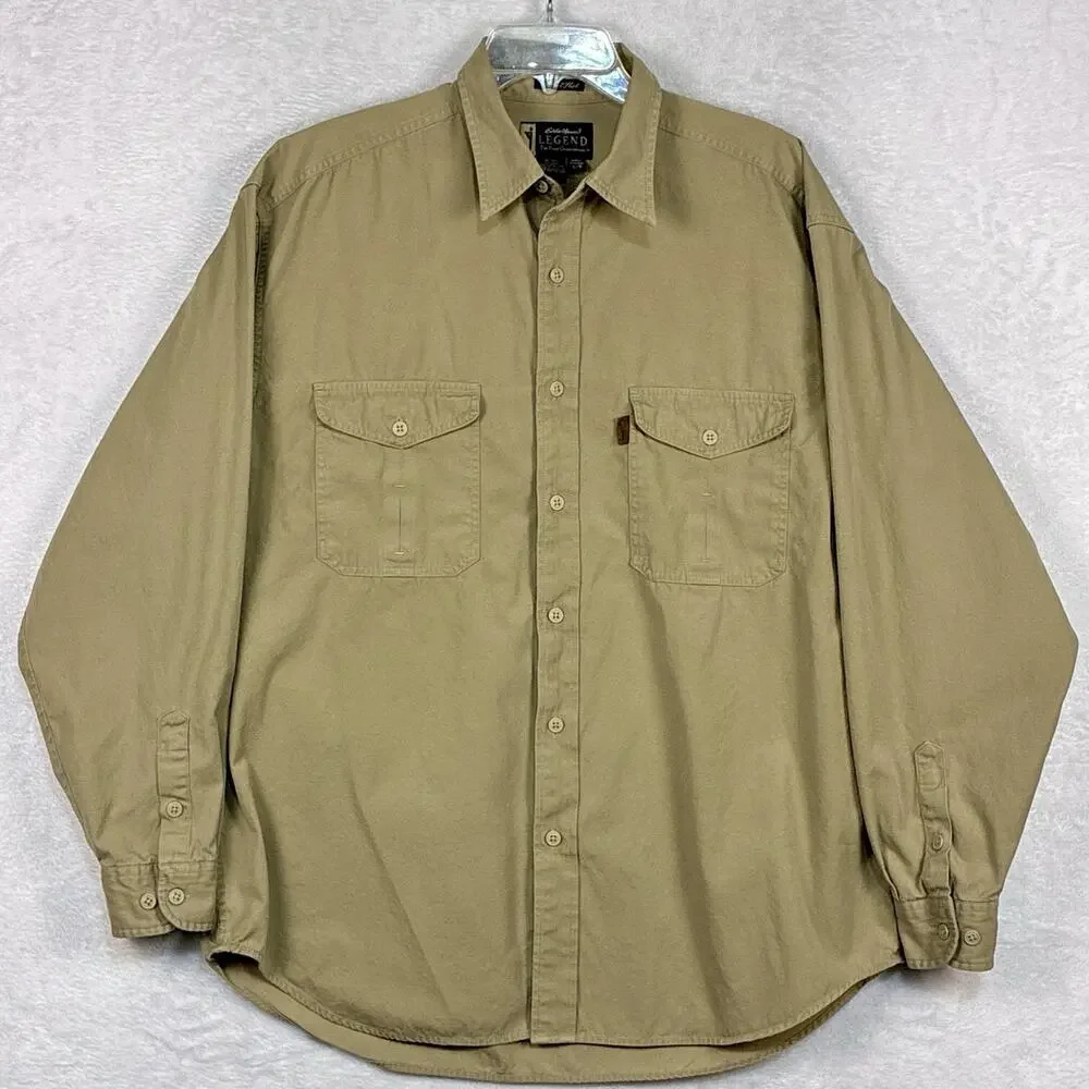 VTG Eddie Bauer Legend Elkhorn Shirt Mens L Tan Khaki Canvas Outdoor Hiking 90s